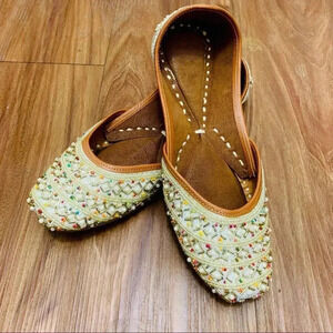 Punjabi Jutti Indian Khussa Sandal Hand Made Flats US Size 7 Golden Beaded